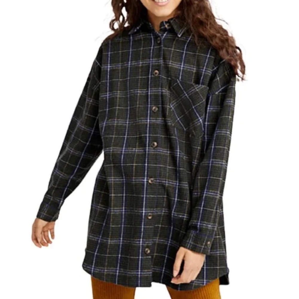 Twik Simons Wool Plaid Flannel Oversized Button Down Shacket Shirt Top Green